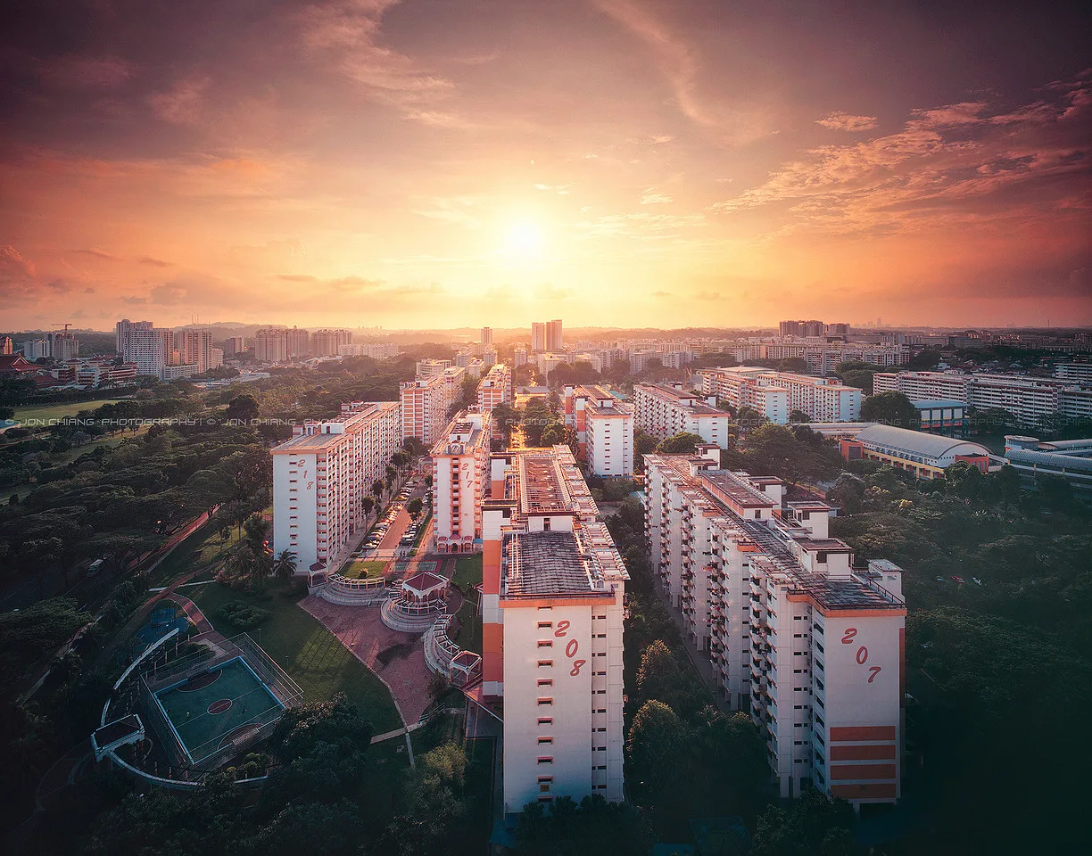Looking down on an estate as the sun breaks the horizon.