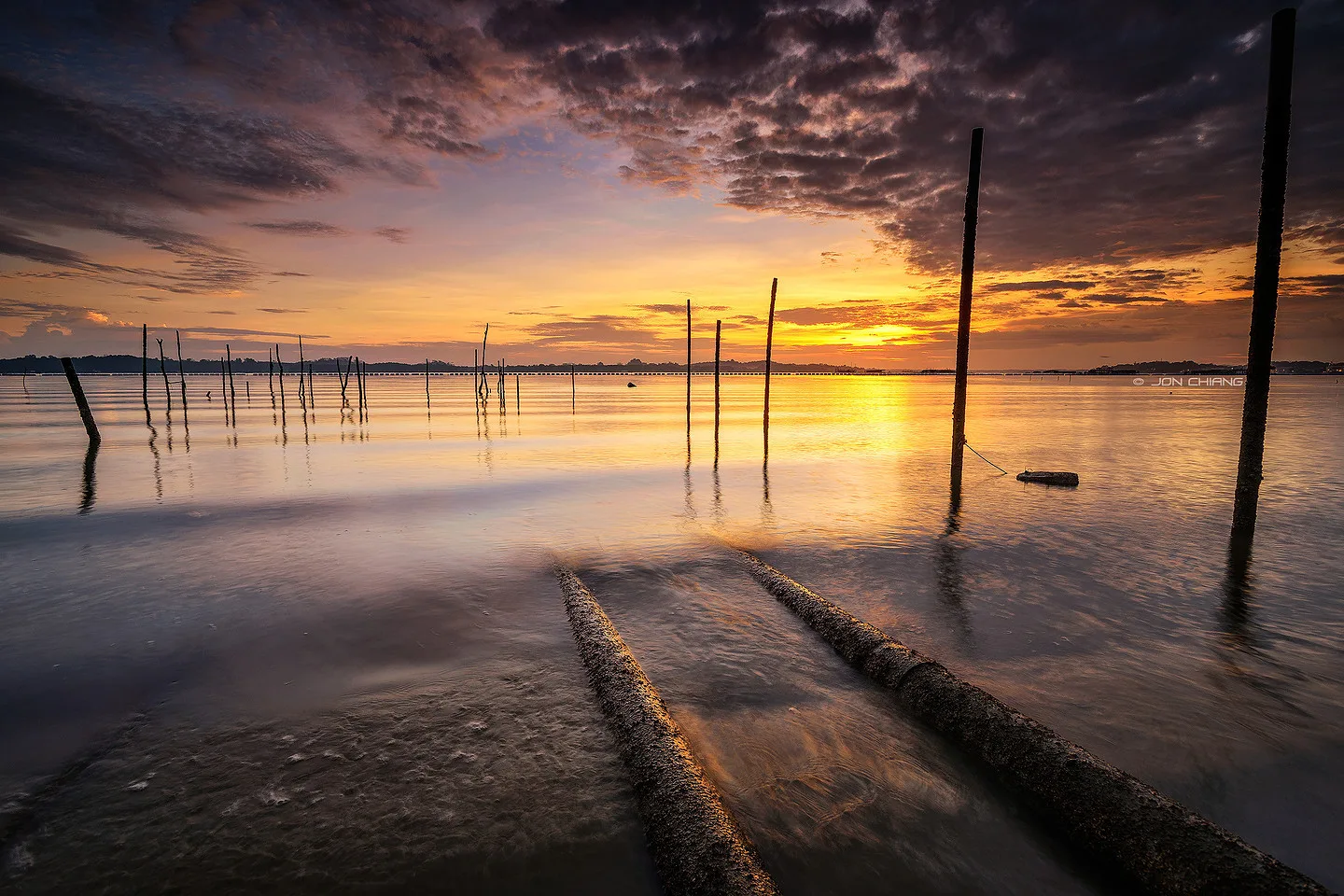 Old pilings standing in the shallows as the light goes.