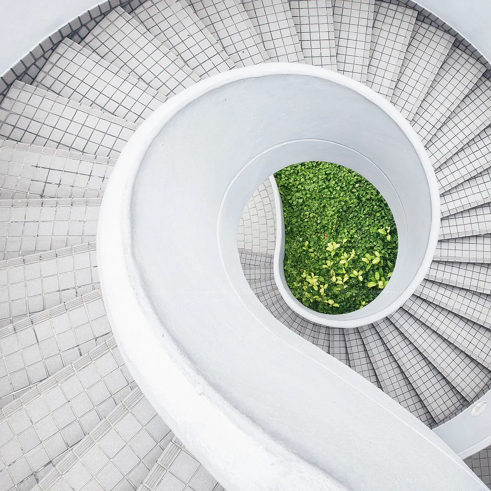 A white stairwell turning around a core of green.