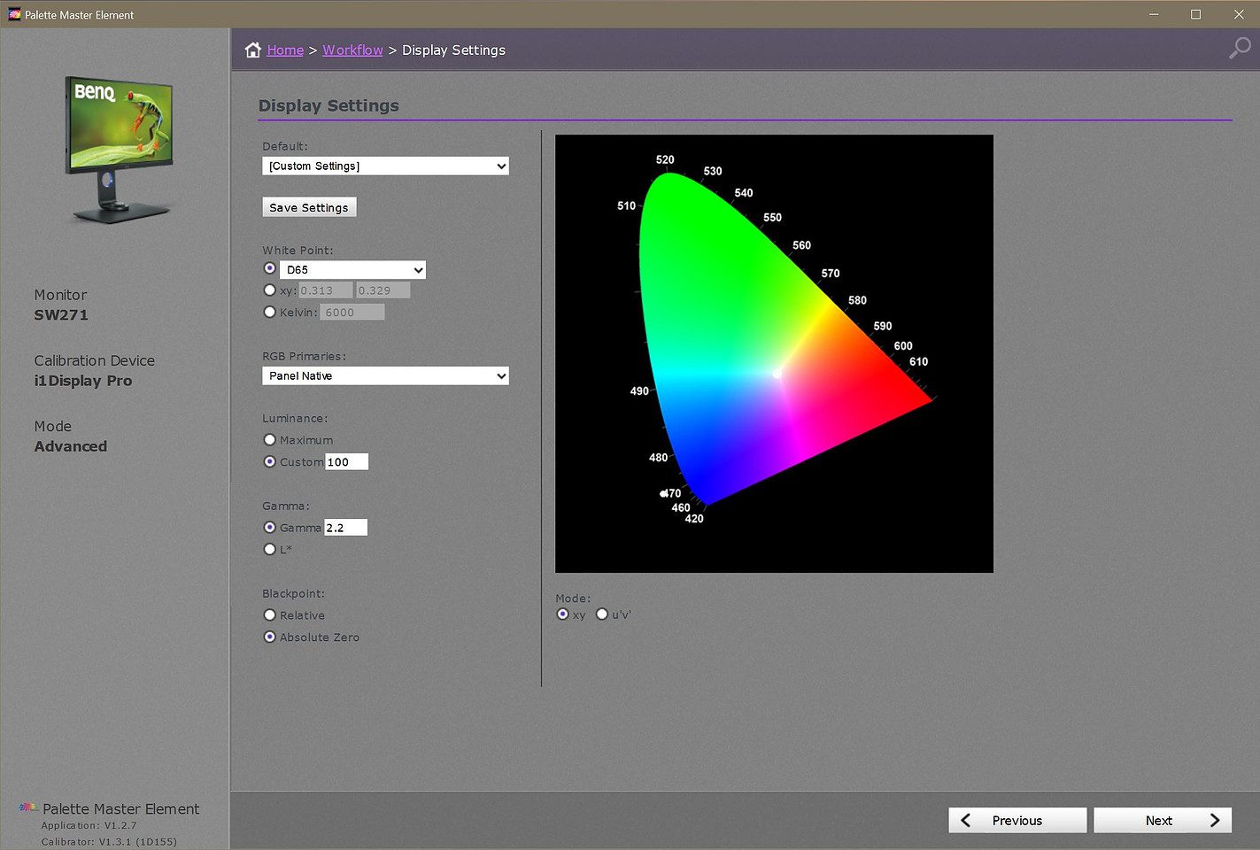 BenQ SW271 calibration settings